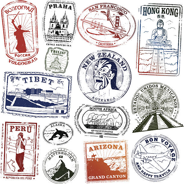 Series of stylized landmark passport style stamps from exotic locations.