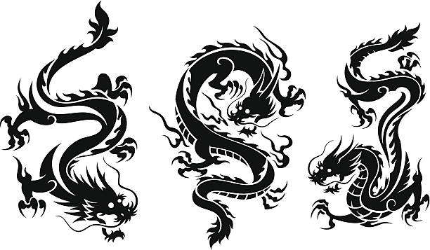 illustrazioni stock, clip art, cartoni animati e icone di tendenza di set di tre dragons - fantasy flying dragon monster