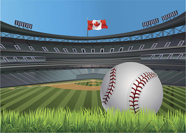 Baseball stadium and Canada Flag Baseball ball diamond with green grass and Canada Flag baseball stadium chairs stock illustrations