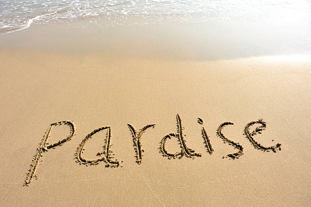 istock word pardise drawn on the sand 460326031