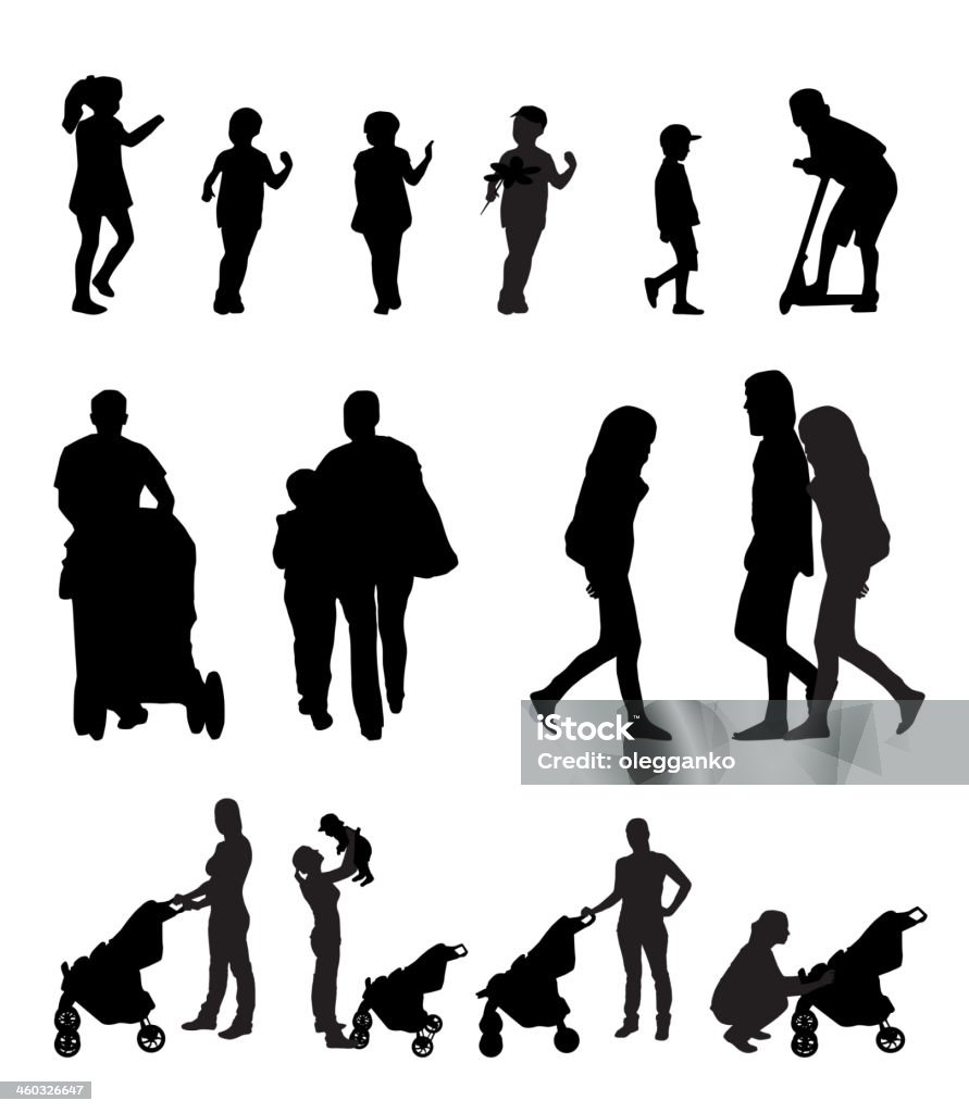 Mother with Pram and Children Silhouette Vector Illustration In Silhouette stock vector