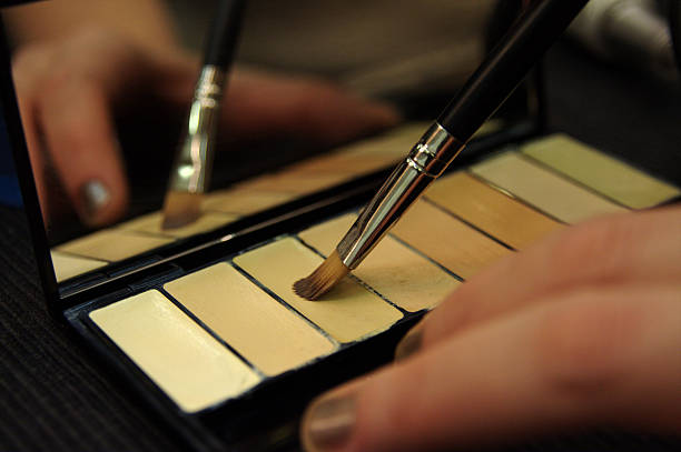 теневой набор с кисть для макияжа - cosmetics make up brush make up palette стоковые фото и изображения
