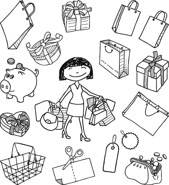 illustrations, cliparts, dessins animés et icônes de griffonnage de boutiques - sac shopping