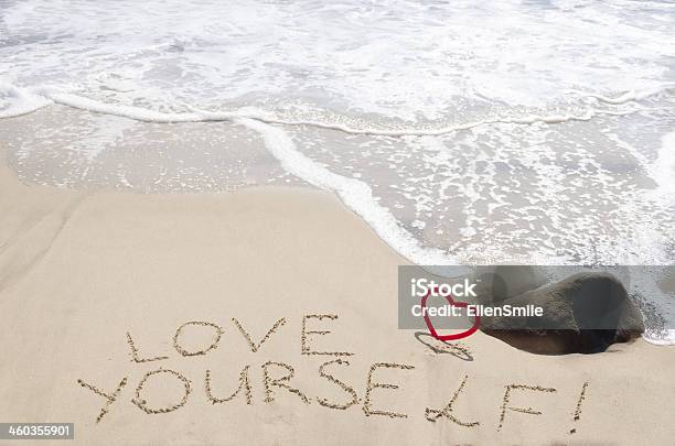 Sign Love Yourself On The Sandy Beach Stock Photo - Download Image Now - Alphabet, Beach, Concepts