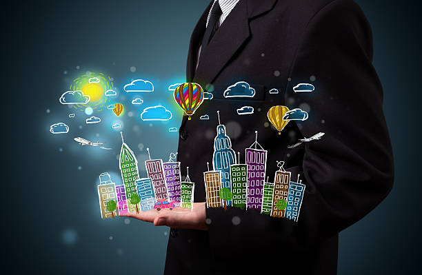 istock Young businessman presenting colorful hand drawn metropolitan ci 460356129