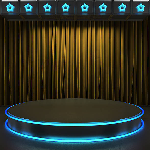 istock fabrick curtain on stage with neon 460359539