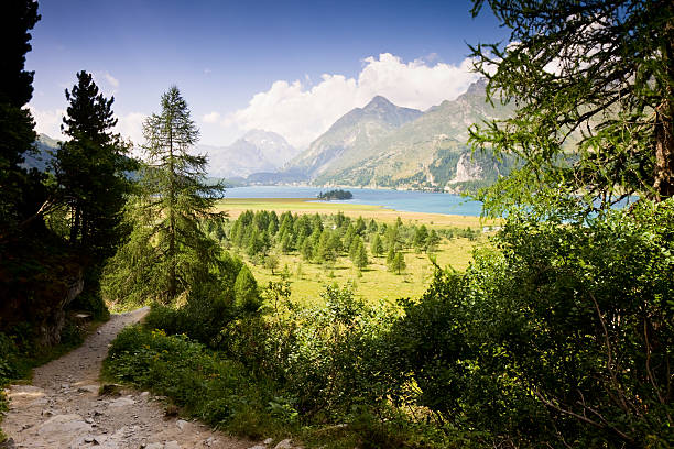 camminare intorno al lago sils (svizzera) - switzerland mountain range engadine lake foto e immagini stock