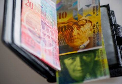 Swiss Franc advantages fifty, ten, twenty in your wallet on a light background