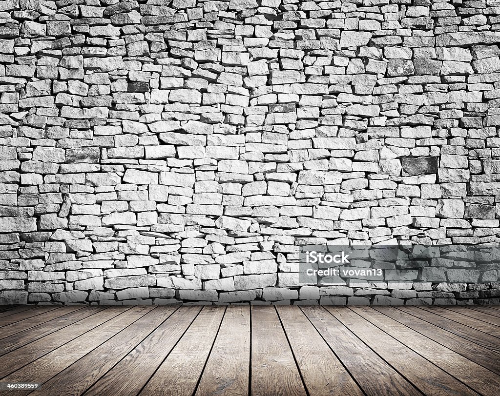 wood room interior vintage with white brick wall and wood floor background Ancient Stock Photo