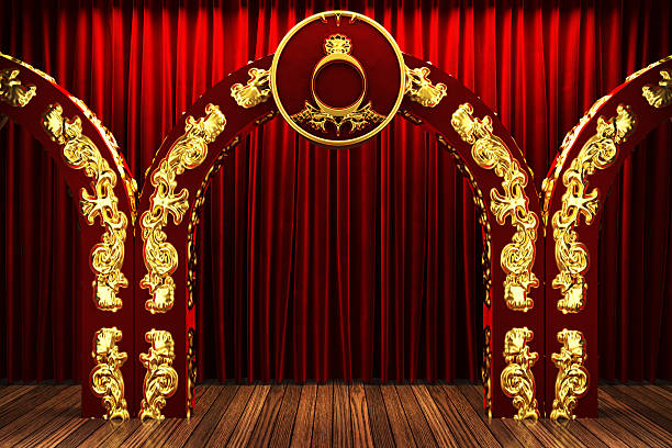 istock red fabric curtain on golden stage 460390121