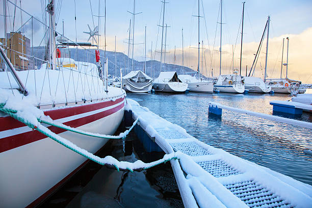 Winter view of a marina in Trondheim stock photo