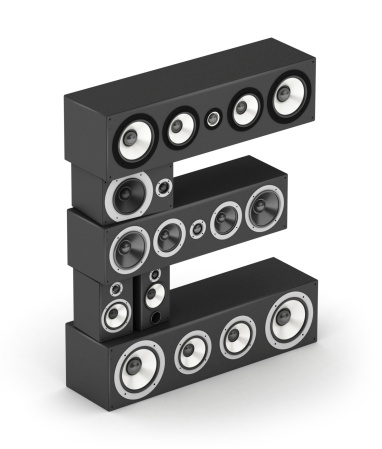 Letter E from black hi-fi speakers sound systems  in isometry