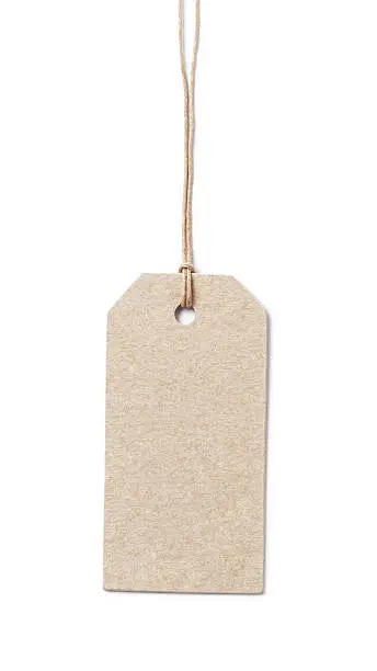 price tag on waxed cord from recycled paper, white background