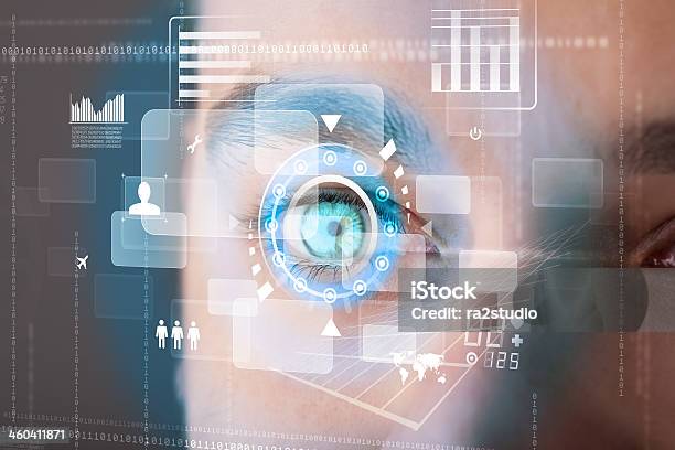 Futuristic Modern Cyber Man With Technology Screen Eye Panel Stock Photo - Download Image Now