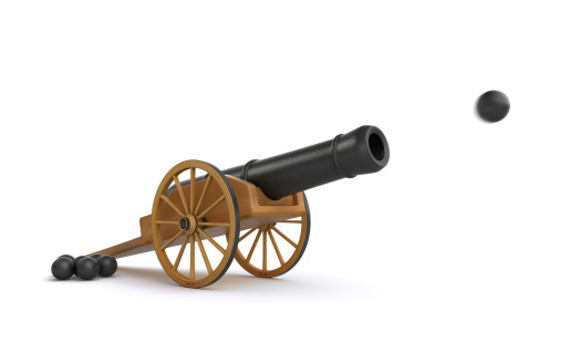Powerful old cannon firing a cannonball on the white background (3d render)