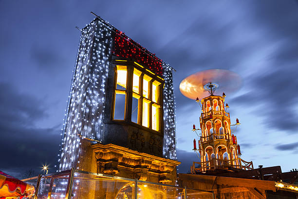 Christmas market illuminated at night in Galway, Ireland. Detail