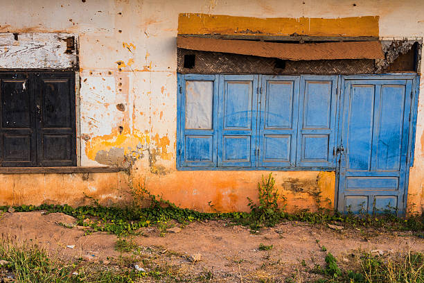 wooden door and windows, colonial old building style at  Vientia stock photo