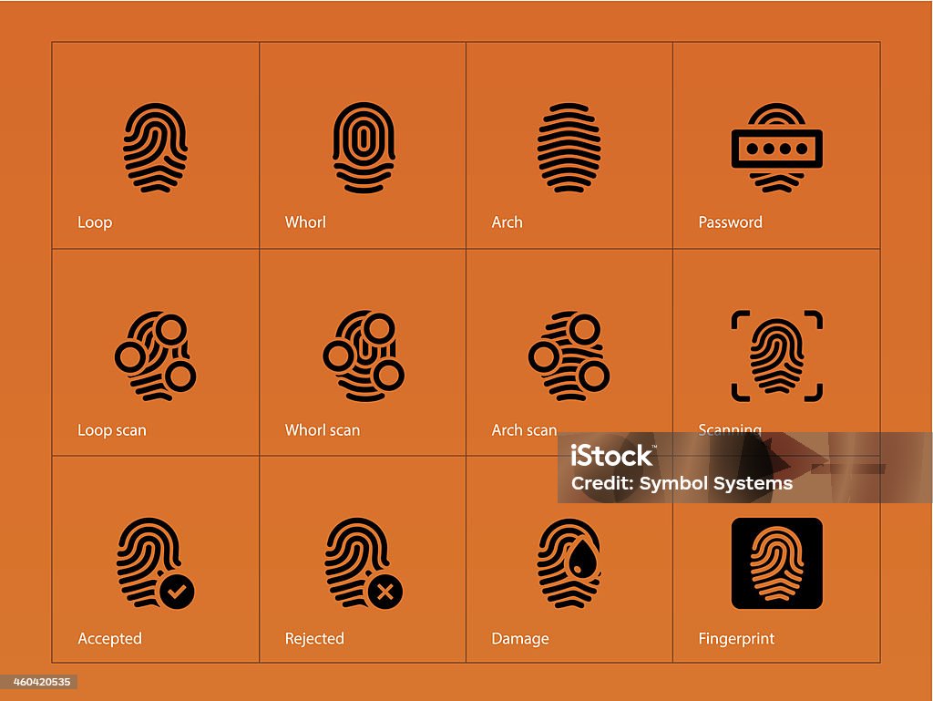 Impressão digital ícones no fundo laranja. - Royalty-free Acessibilidade arte vetorial