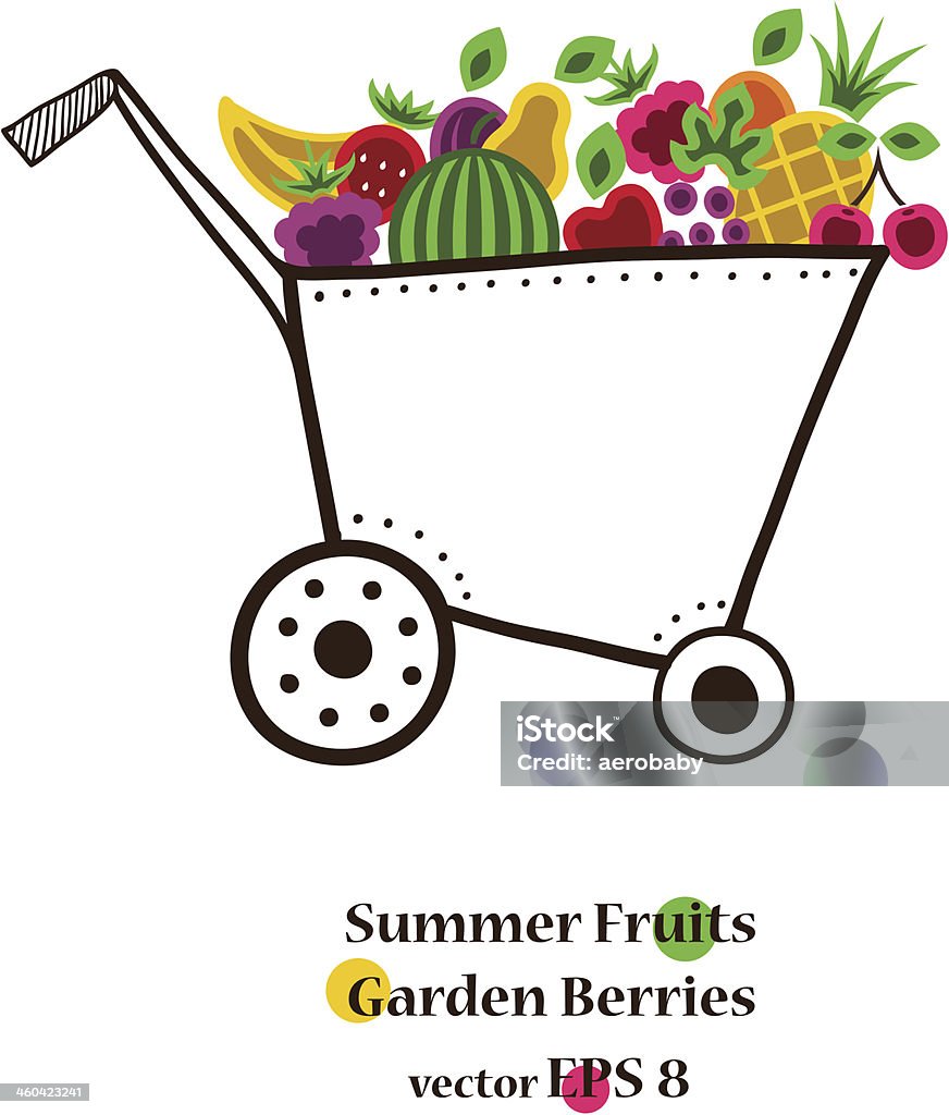 Тележке с яркие летние фрукты и ягоды. - Векторная графика Корзина для покупок роялти-фри