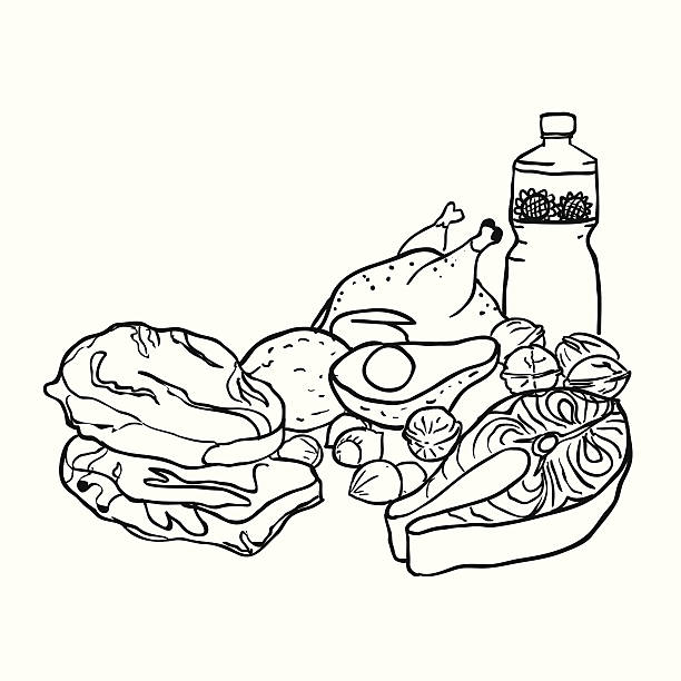 ilustraciones, imágenes clip art, dibujos animados e iconos de stock de carnes, pescado y carnes de aves aislado sobre fondo blanco.  boceto - smoked salmon illustrations