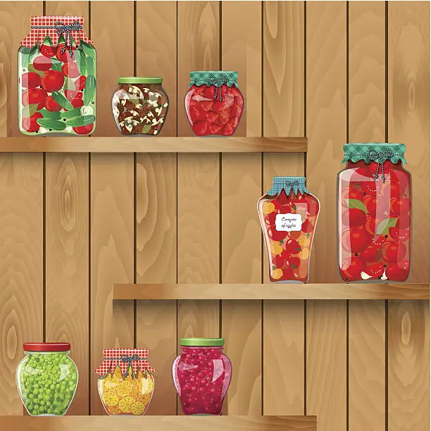 Vector illustration of wooden shelves with  organic food