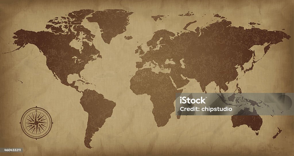 A sepia colored vintage world map, with a compass detail  A world map on aged paper. Files included – jpg, ai (version 8 and CS3), svg, and eps (version 8)	 World Map stock vector