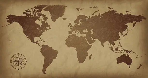 Vector illustration of A sepia colored vintage world map, with a compass detail 