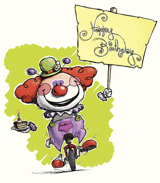 клоун на unicle hoding a happy birthday plackard - clown circus telephone humor stock illustrations