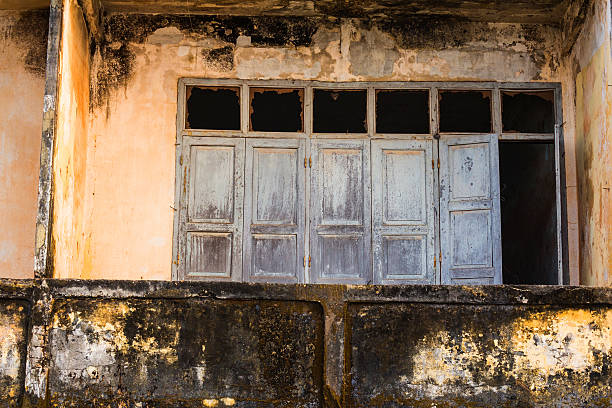 wooden windows, colonial old building style at  Vientiane, Laos stock photo