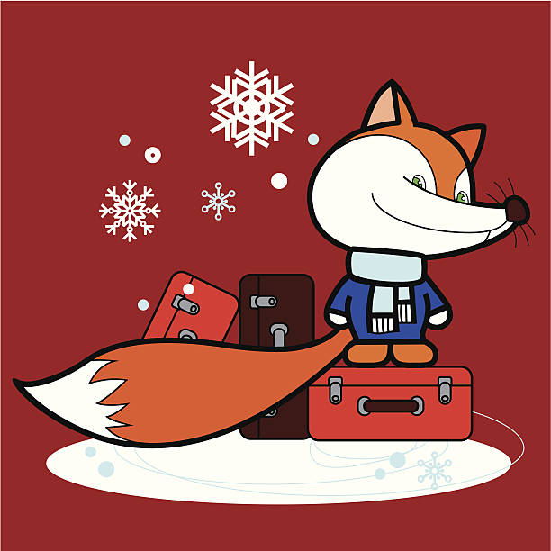 illustrazioni stock, clip art, cartoni animati e icone di tendenza di fox_traveller_with_luggage_in_winter - child portrait fine art portrait multi colored