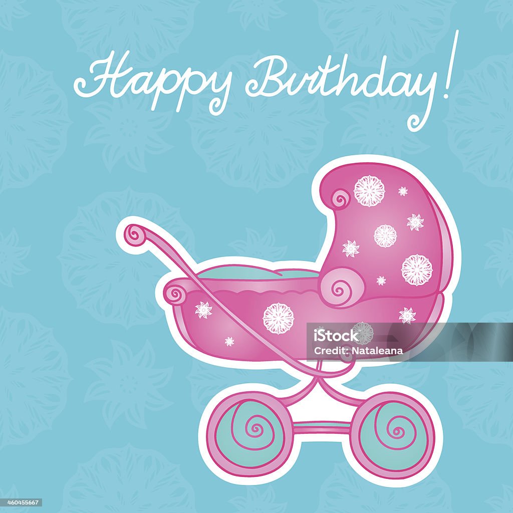 Happy birthday card with baby stroller Happy birthday card with baby stroller - vector artwork Cut Out stock vector