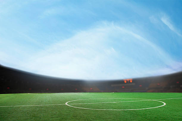istock Digital composite of soccer field and blue sky 460456239