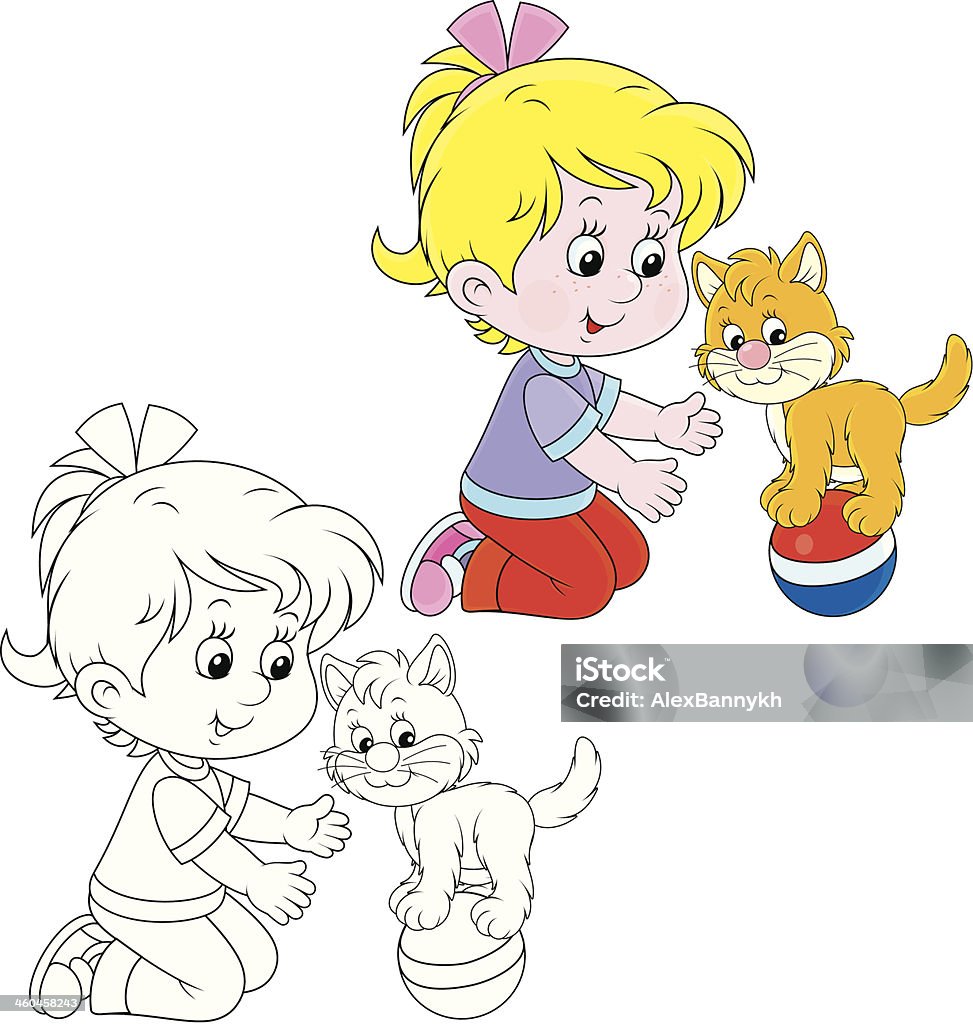 Girl and kitten Little girl playing with her small kitten Animal stock vector