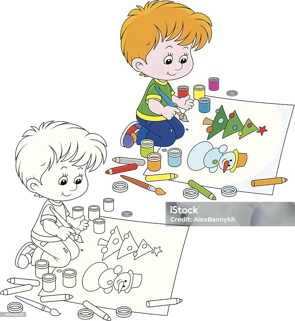 Little artist Boy drawing a picture with a funny snowman and Christmas tree Artist stock vector