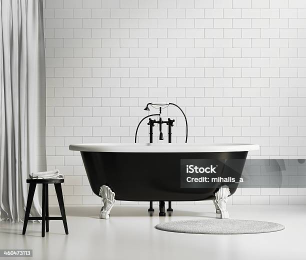 Black And White Classic Bathtub On Brick Wall Stock Photo - Download Image Now - Bathtub, Bathroom, Domestic Bathroom