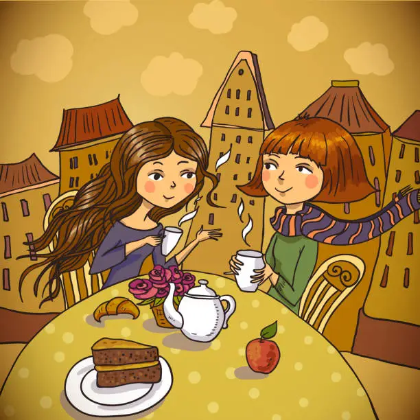 Vector illustration of Two young women drinking coffee in cafe