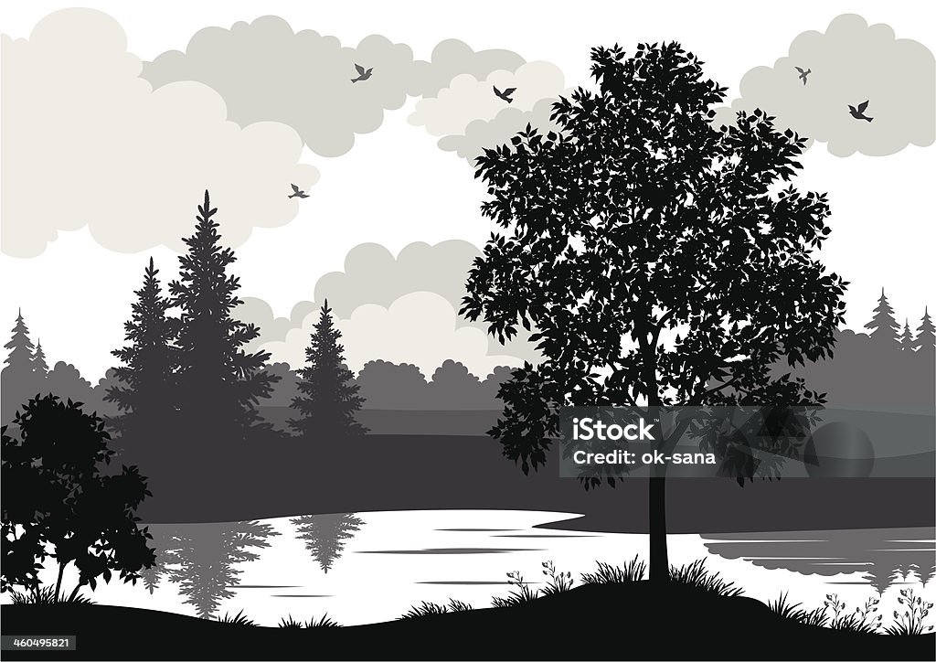 Landscape, trees, river and birds silhouette Landscape, trees, river and birds, black and grey silhouette contour on white background. Vector Black And White stock vector