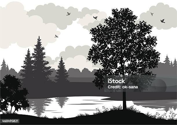 Landscape Trees River And Birds Silhouette Stock Illustration - Download Image Now - Black And White, Woodland, In Silhouette