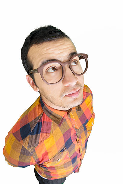 istock facing up man, wearing glasses and holding the collar 460496309
