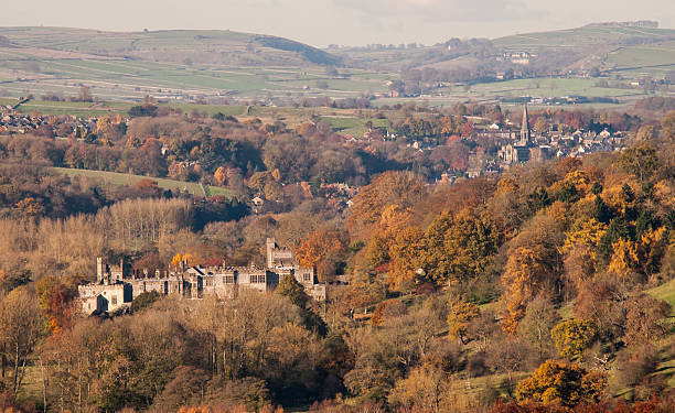 Haddon Hall to Bakewell An Autumn view down the Wye Valley From Haddon Hall To Bakewell, in the Derbyshire Peak District National Park bakewell stock pictures, royalty-free photos & images