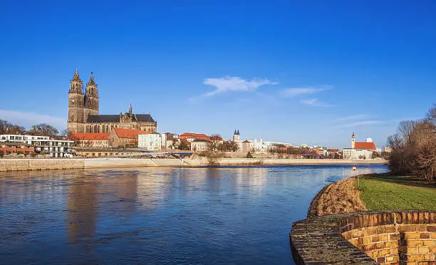 View on the Cathedral of Magdeburg and the River Elbe waterfront.