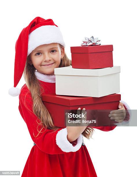 Girl In Christmas Outfit Holding Presents Stock Photo - Download Image Now - Beautiful People, Beauty, Box - Container