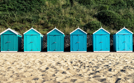 Beach huts at Bournemouth, Dorset, UK.