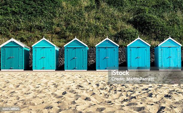 Turquoise Painted Wooden Beach Huts In Bournemouth Stock Photo - Download Image Now - Beach Hut, Bournemouth - England, Hut