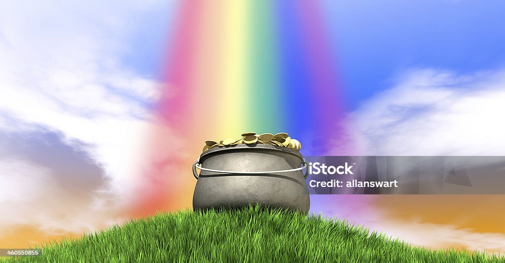 Pot Of Gold And Rainbow On Grassy Hill A leprechaun pot filled with gold coins highlighted by a rainbow on a regular green hill with a blue sky background Aiming Stock Photo