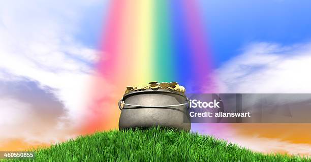 Pot Of Gold And Rainbow On Grassy Hill Stock Photo - Download Image Now - Aiming, Blue, Cauldron