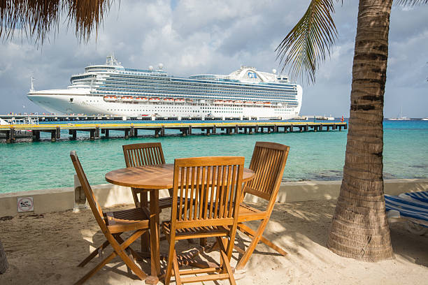 Tables and Palm Trees await Cruise Passengers stock photo