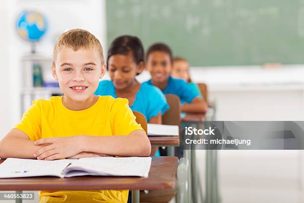 Elementary Schoolboy With Classmates Stock Photo - Download Image Now - Classroom, Elementary School, Desk