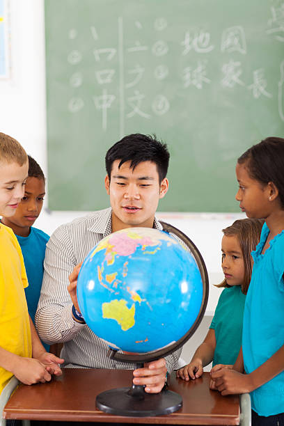 istock elementary school students and teacher looking at globe 460571567