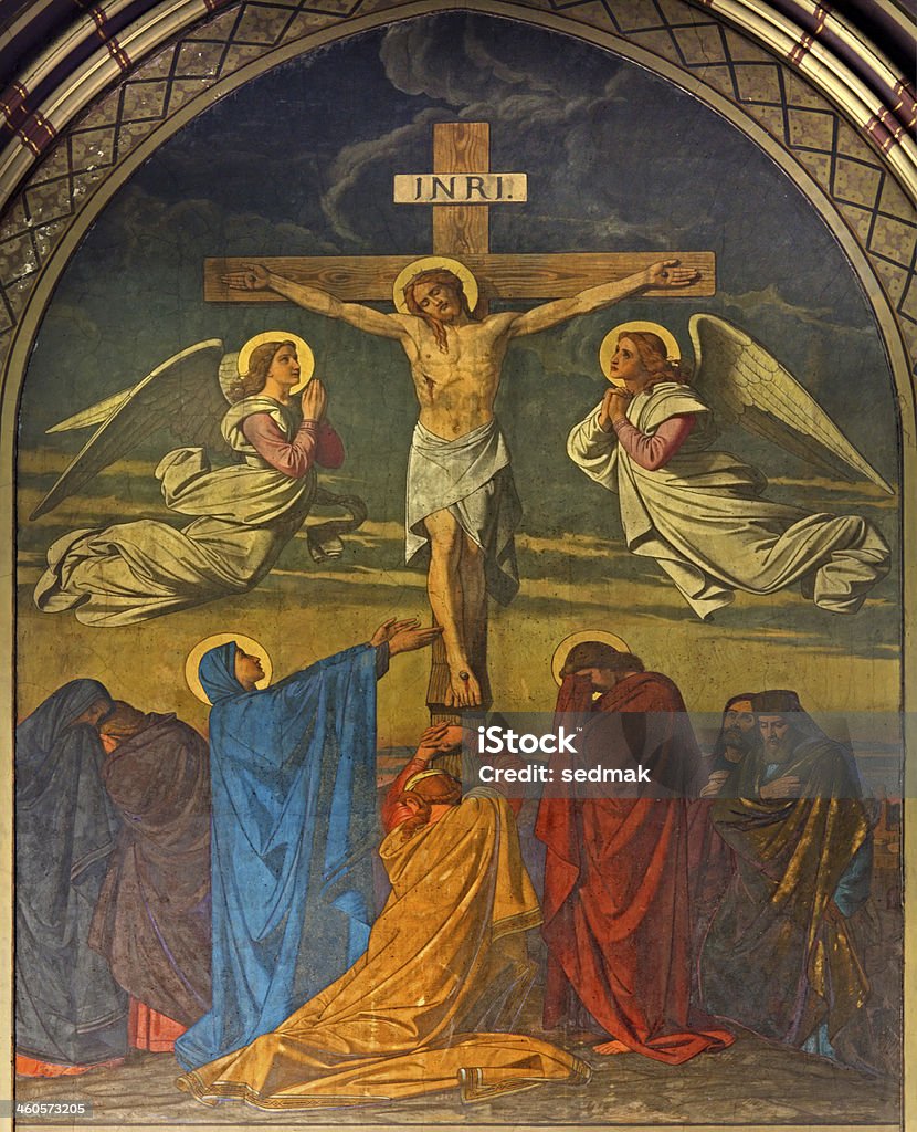 Antwerp - Crucifixion. Fresco in Joriskerk Antwerp - Crucifixion. Fresco in Joriskerk or st. George church from 19. cent. on September 5, 2013 in Antwerp, Belgium Antwerp City - Belgium Stock Photo